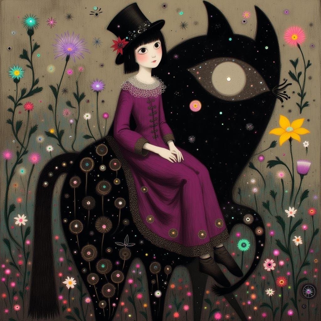 Victorian Lady Rides a Majestic Cat in a Whimsical Floral Se...