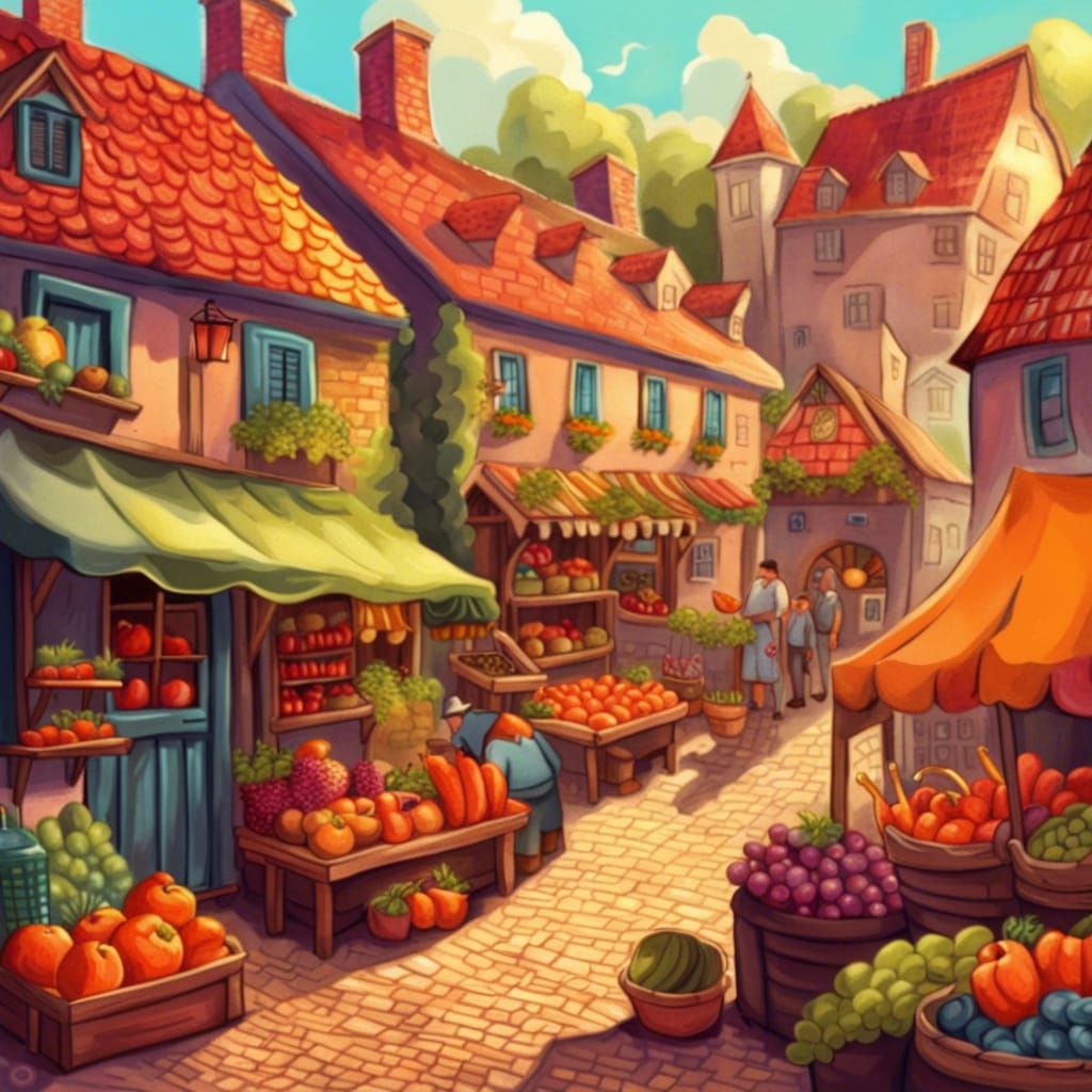 Cozy Fantasy Village Farmers Market Illustration