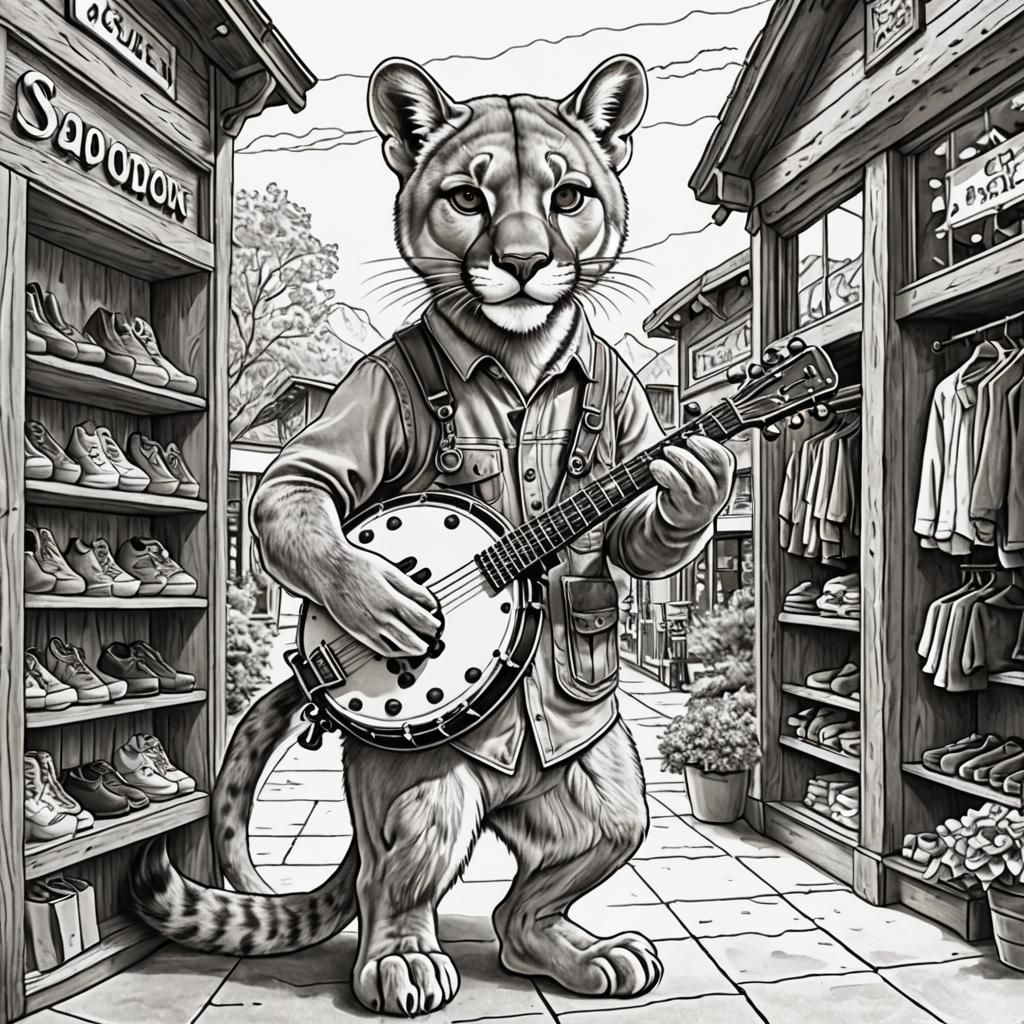 Mountain Lion Banjo Player Line Art Illustration