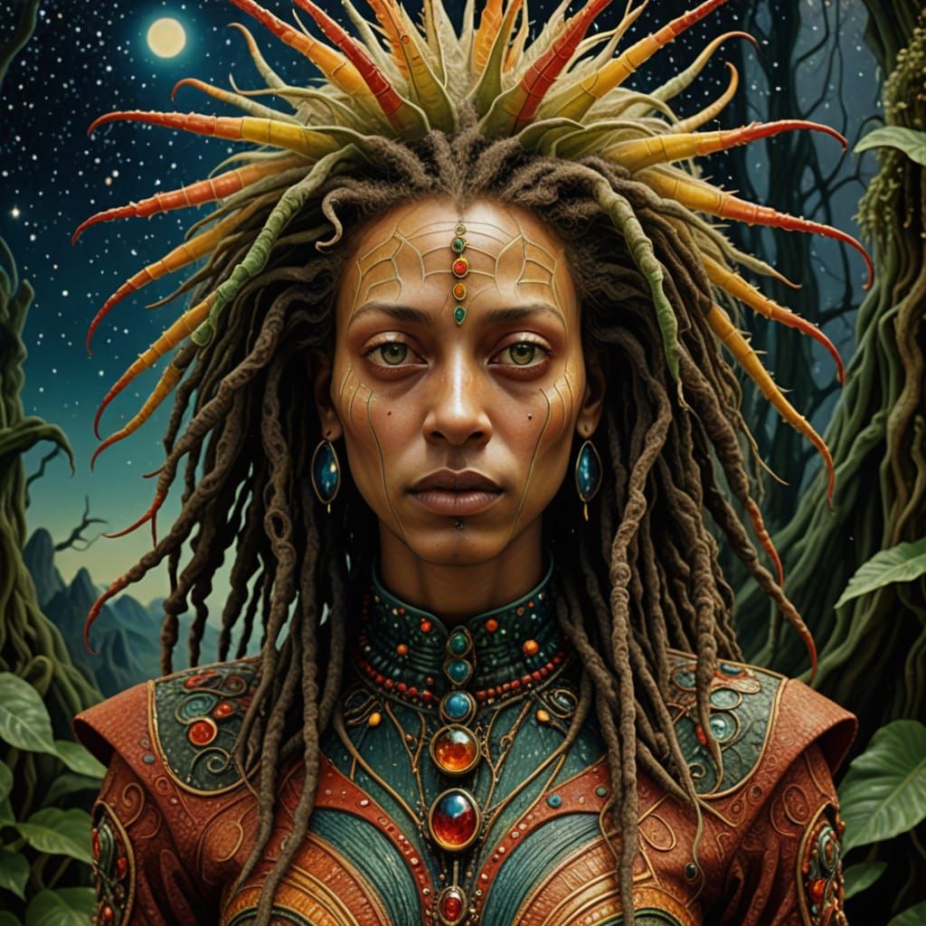 Alien Rasta People and Pets in a Surreal Landscape