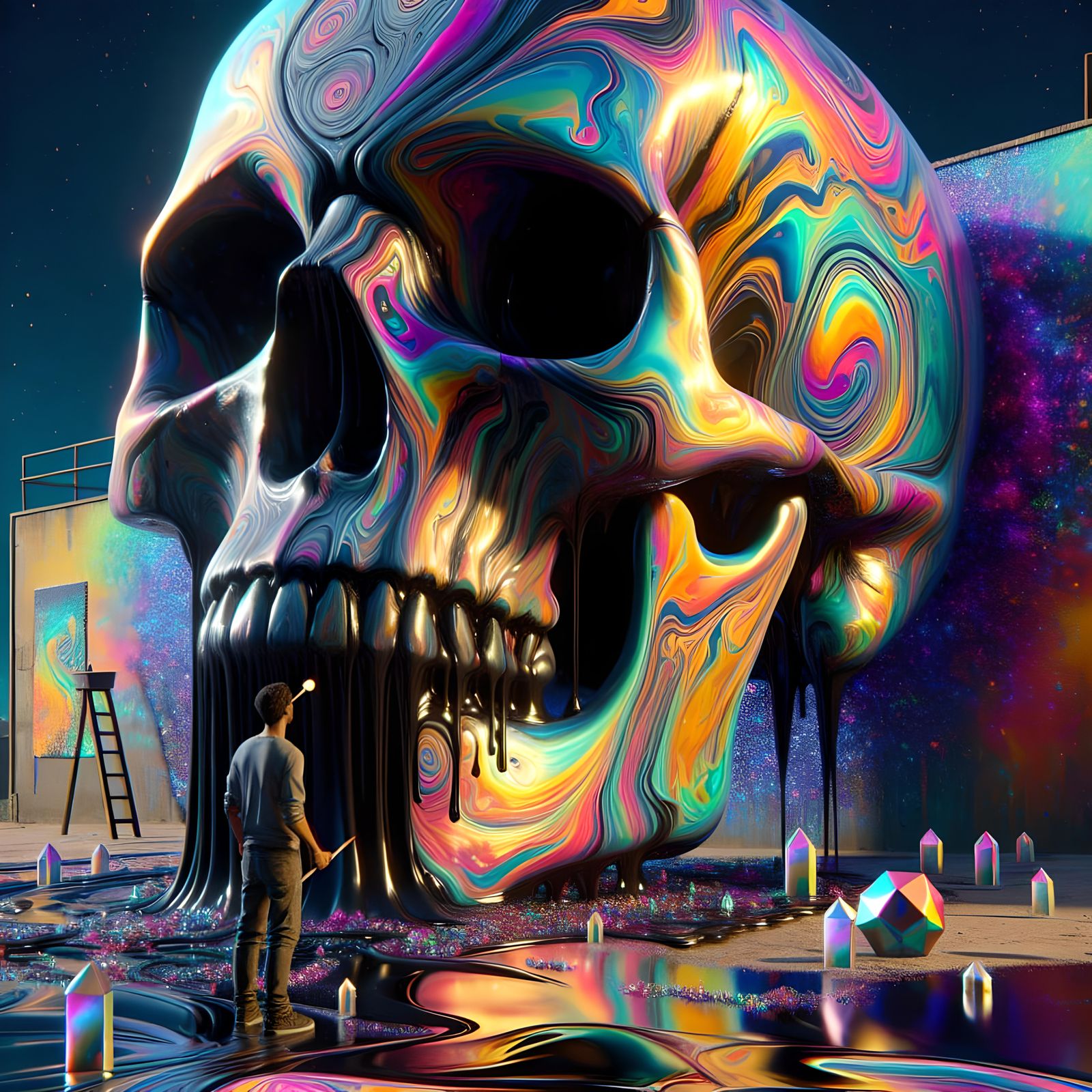 Surreal Oil Skull with Neon Inca Patterns