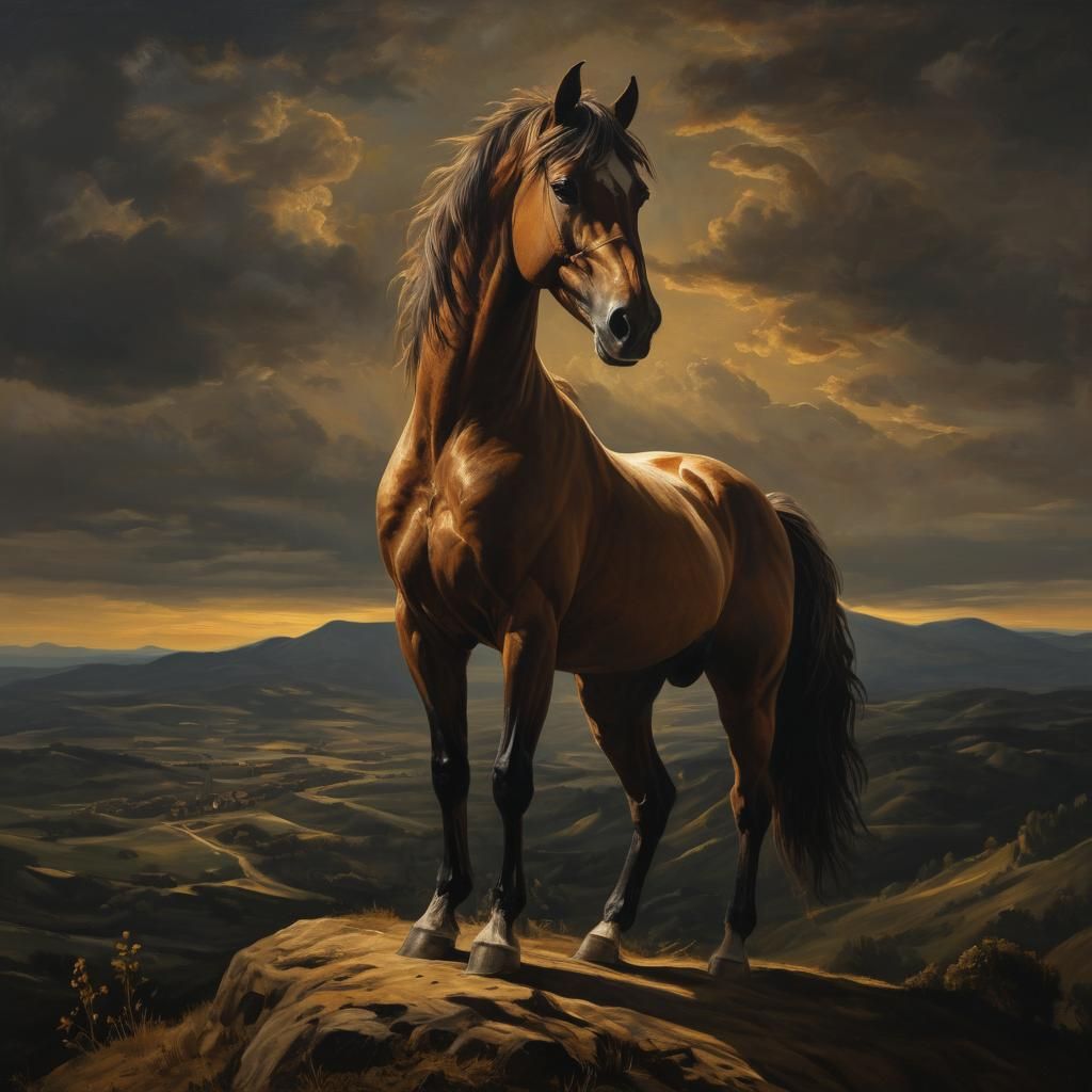 Heroic Horse in Golden Light, Baroque Oil Painting