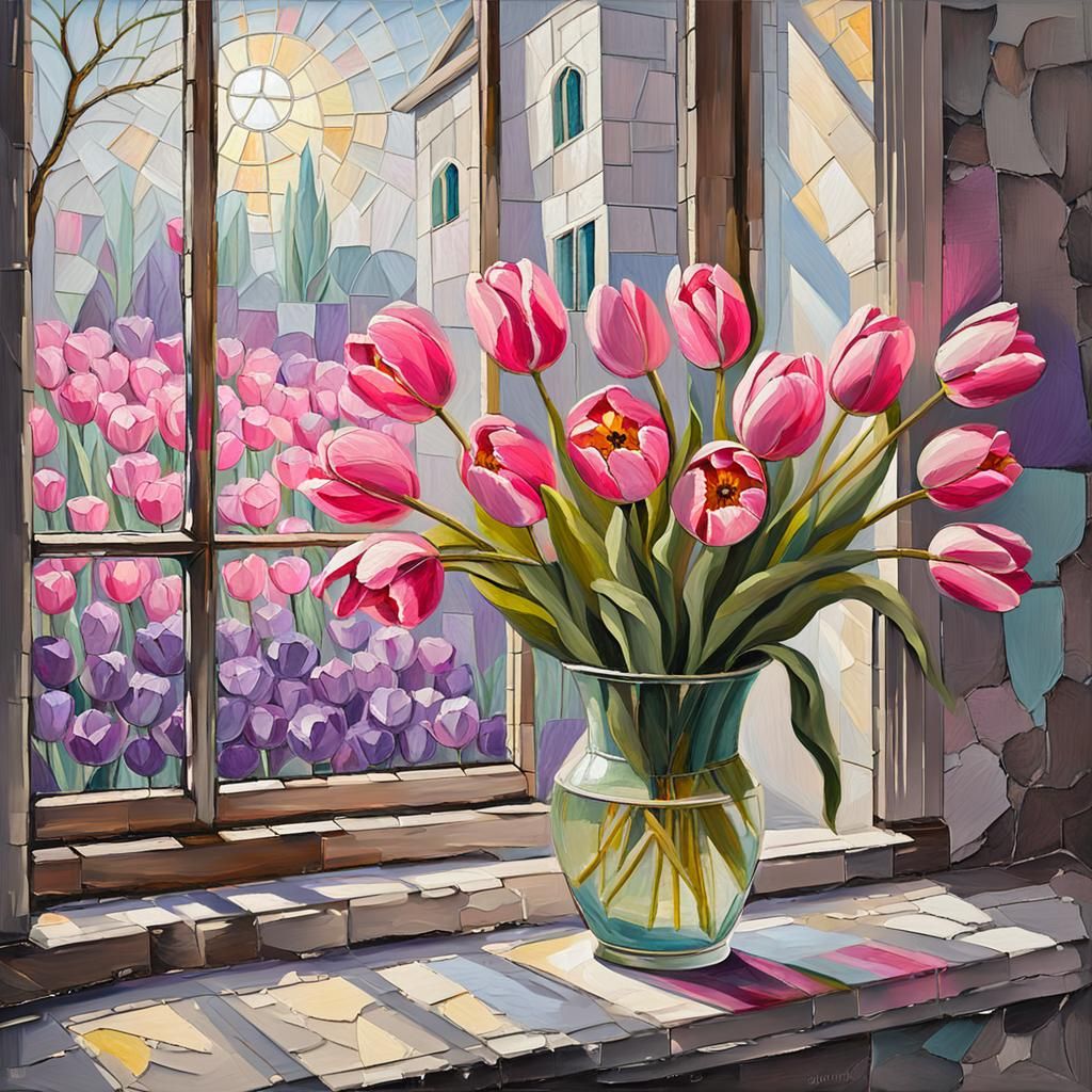 Pink Tulips in Neo-Impressionist Impasto Style