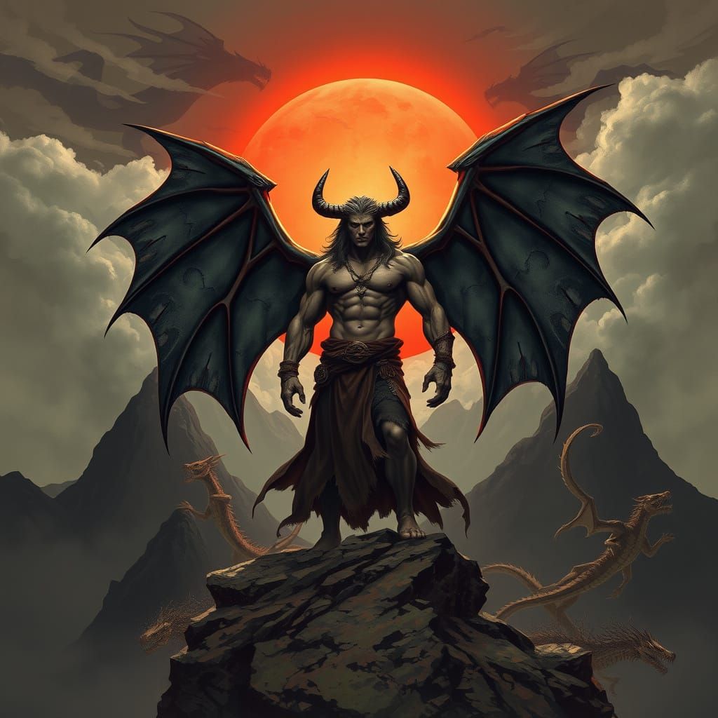 Winged Figure with Red Sun and Dragons