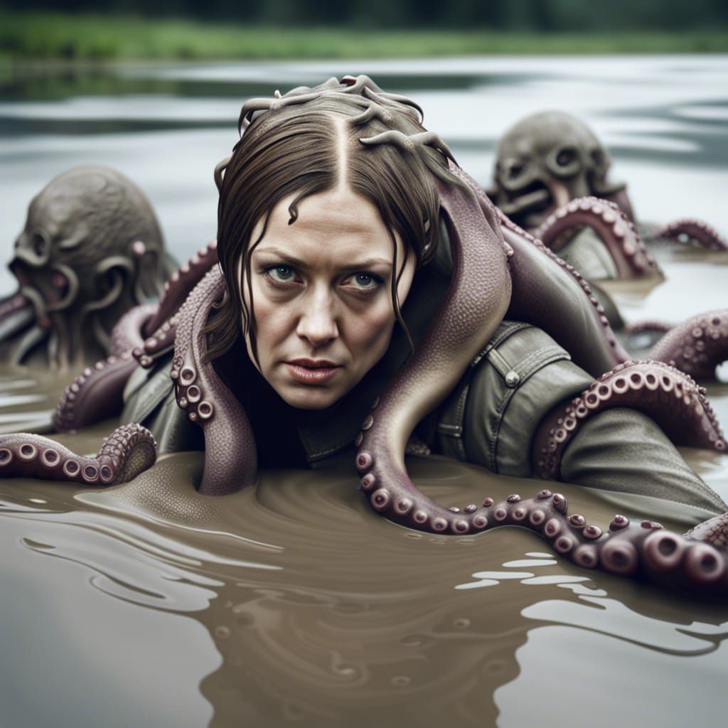Hyperrealistic Octopus Entangling Women in Mud