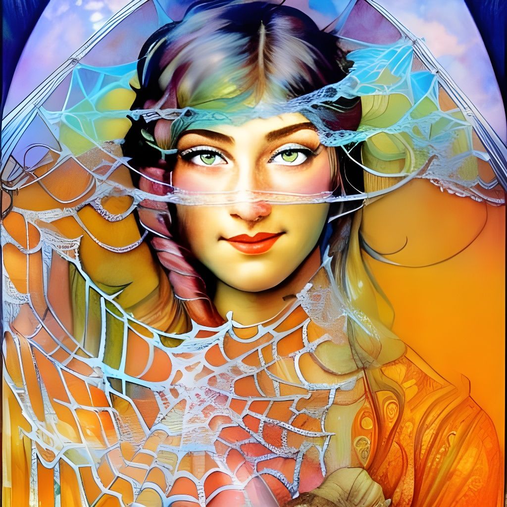 Iridescent Spiderweb Portrait in Art Deco Style