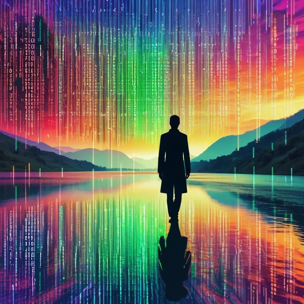 Psychedelic Matrix Code Over River Valley