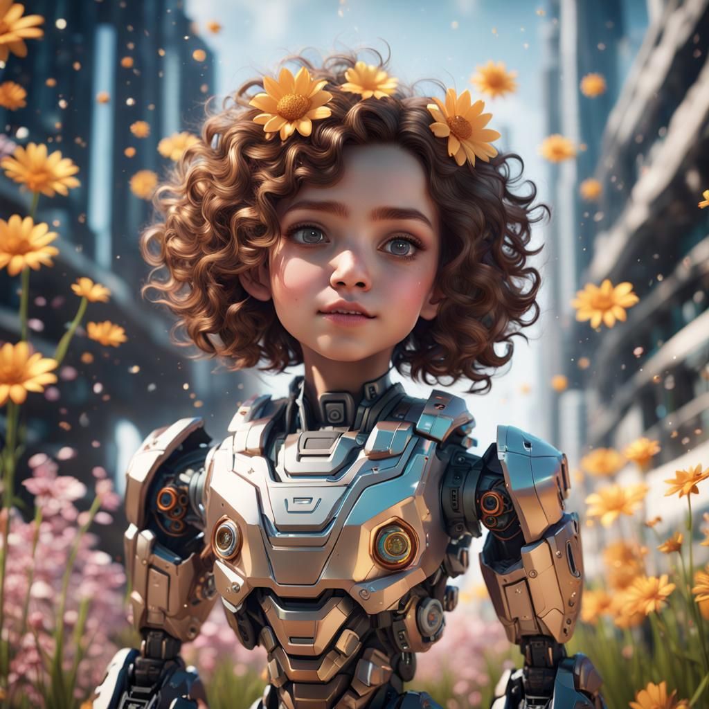 Cute Child with Flowers in Futuristic Sci-Fi Style