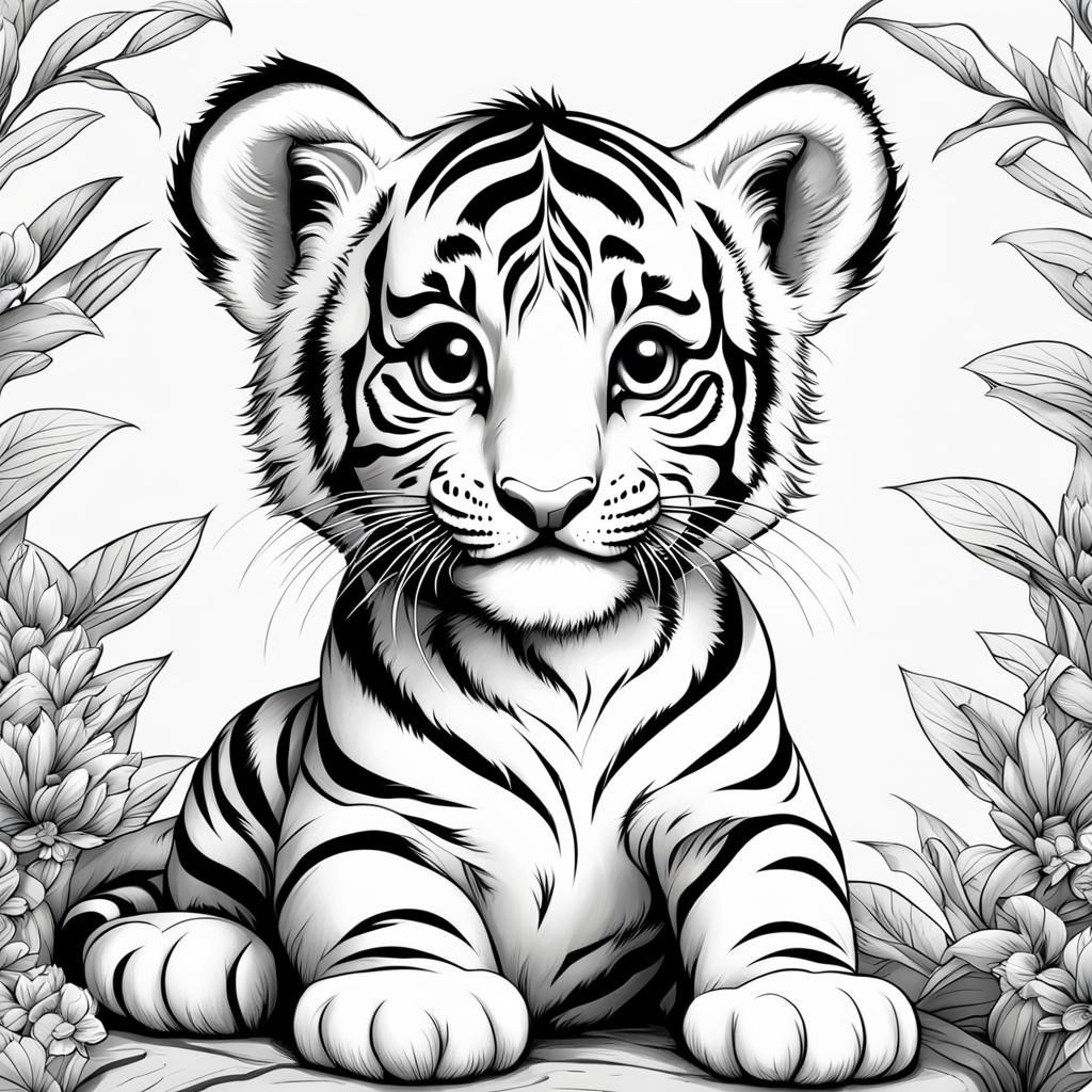 Cute Baby Tiger Line Art for Coloring