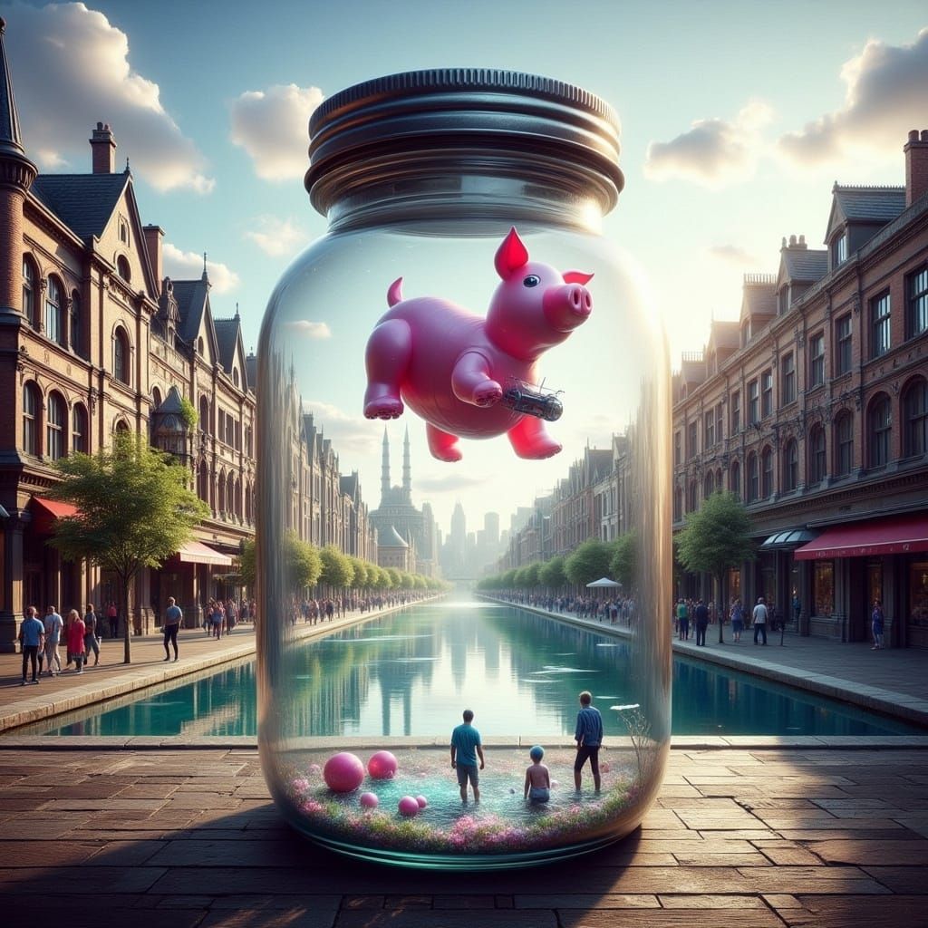 Old Town Street Scene with Pink Floyd Pig in Jar