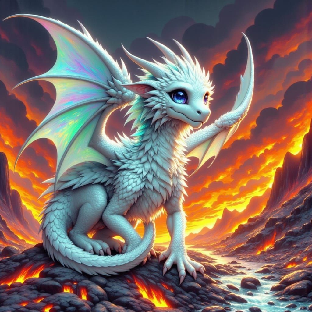 White Dragon Emerges from Multicolored Volcanic Eruption