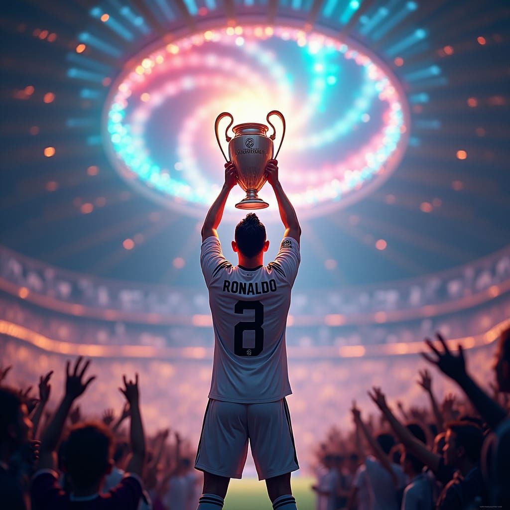 Soccer Star Celebrates in Dreamlike Arena