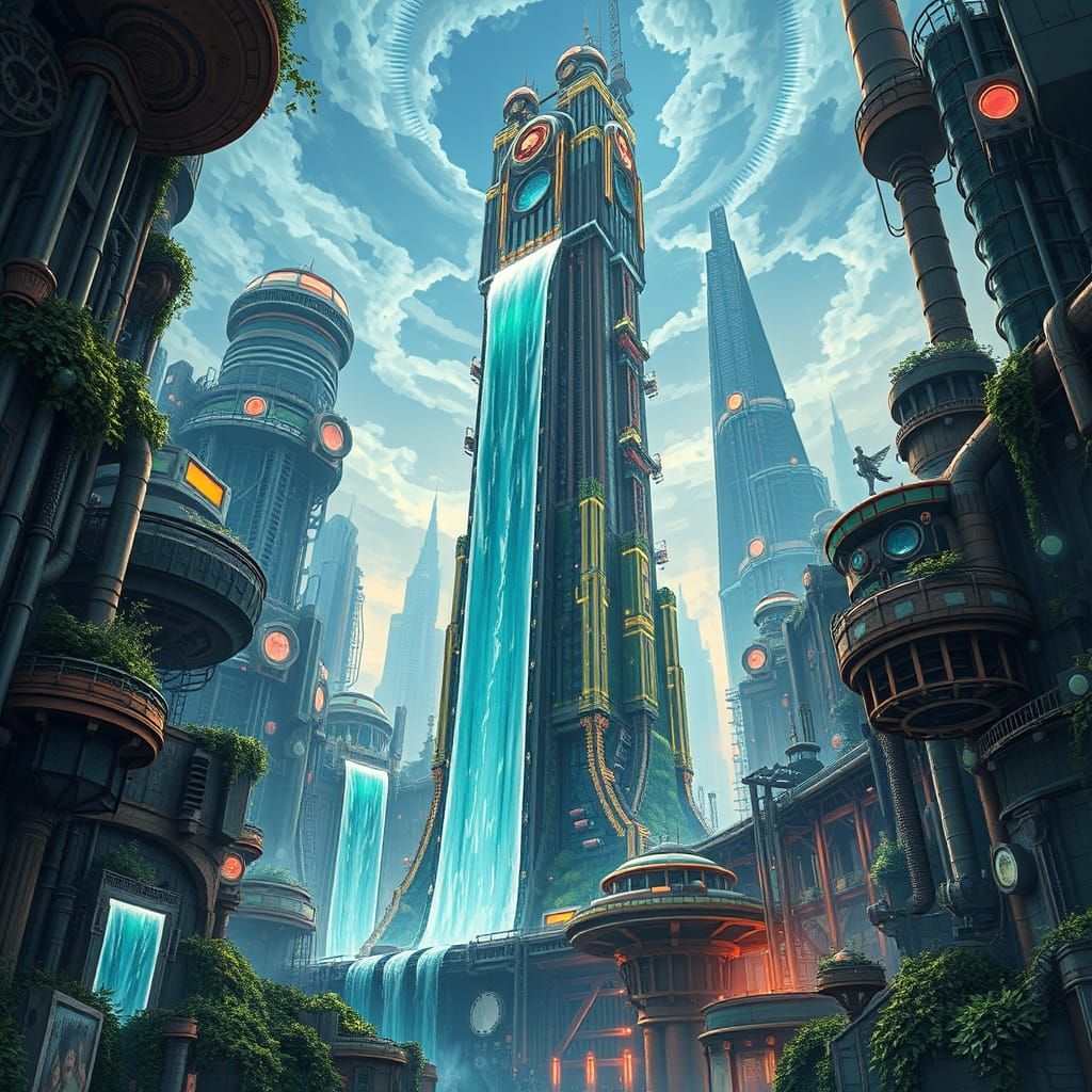 Steampunk Skyscraper Waterfall in Futuristic Cityscape