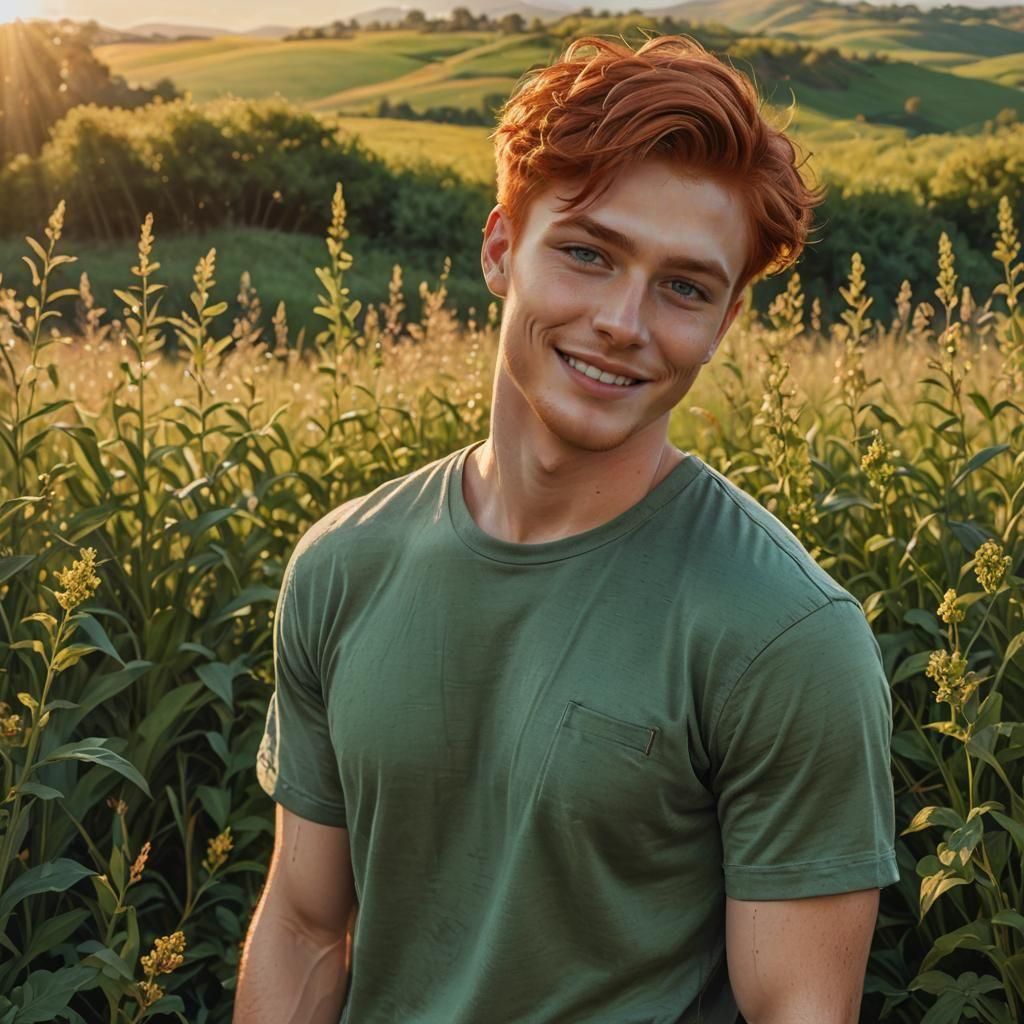 Handsome Redhead Man with Black Eyes in Field