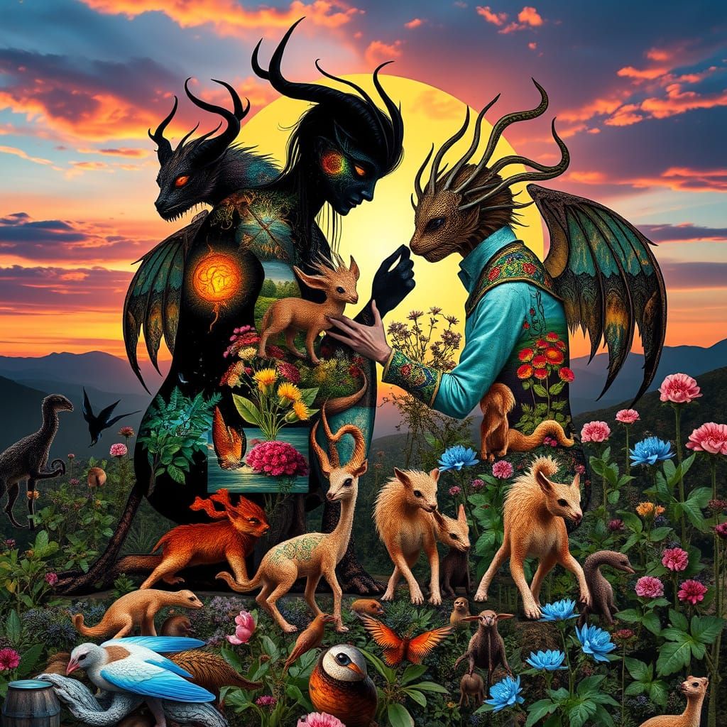 Ethereal Collage of Mythical Beings in a Sunset Dreamscape