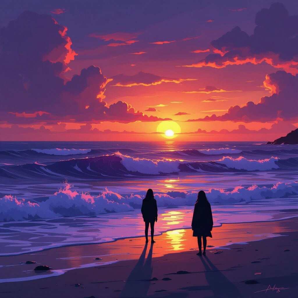 Sunset Over Purple Sea: Dreamy Digital Illustration