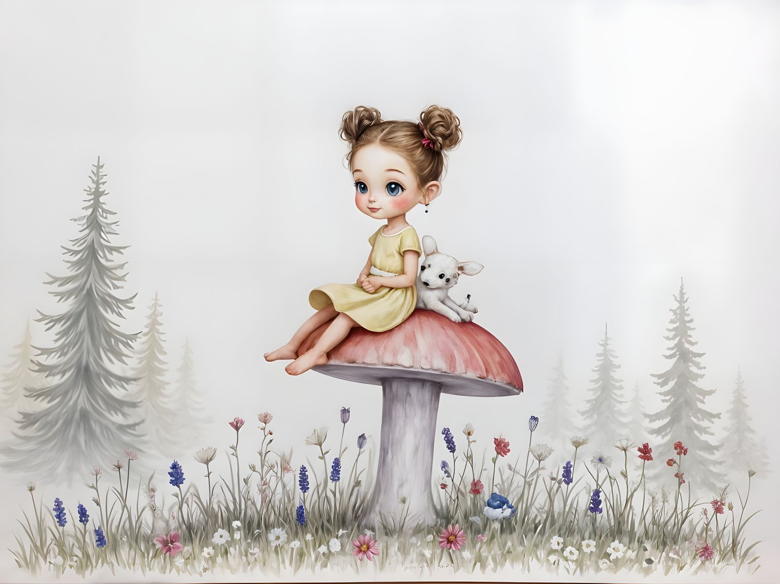 Cozy Storybook Scene with Girl and White Jack Russell Terrie...