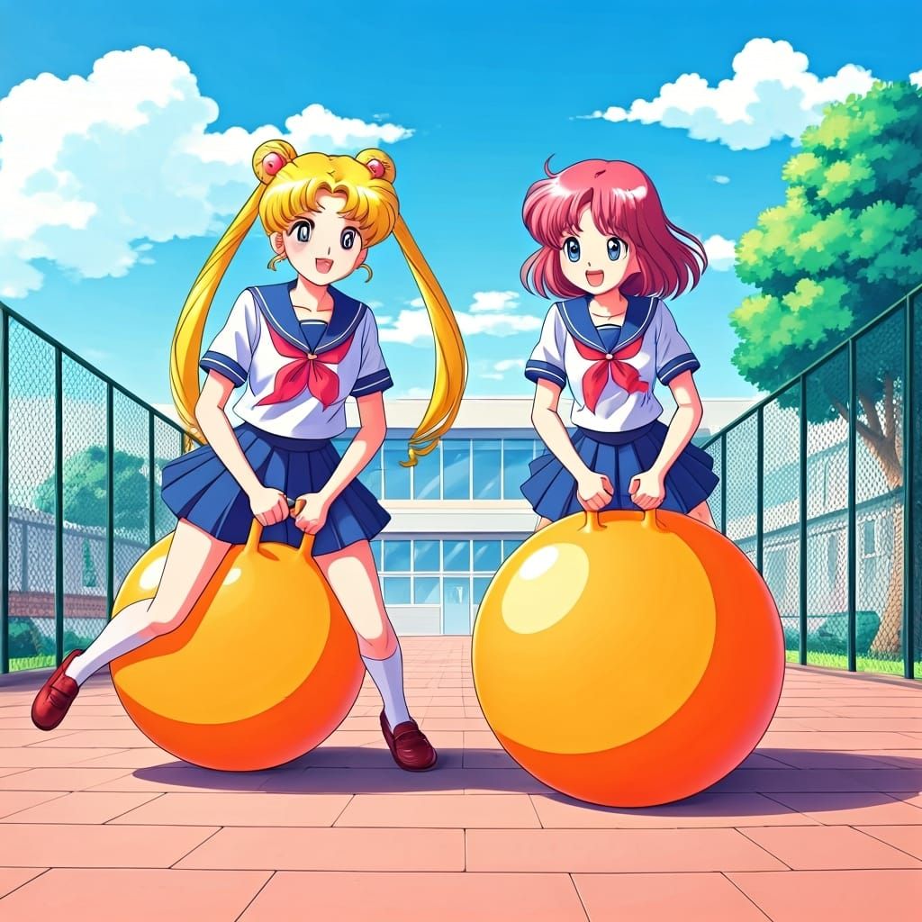 Schoolgirls Bouncing on Hopper Balls in Pop Surrealist Style