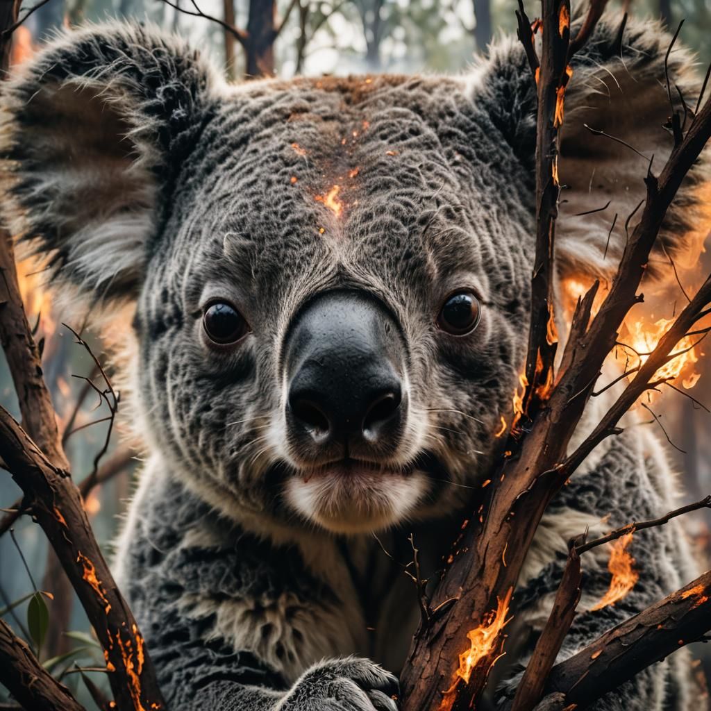 Koala's Eye Reveals Forest Fire: Double Exposure