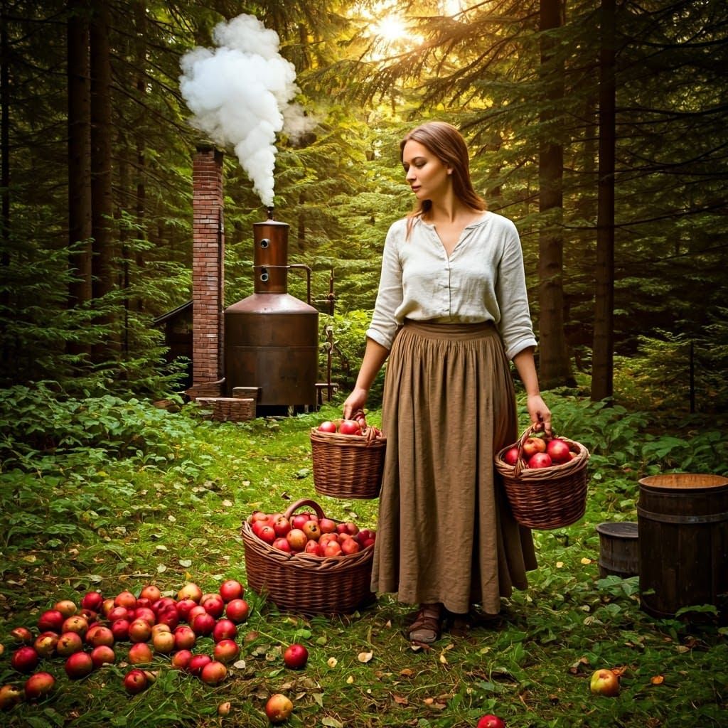 Rustic Woman Harvests Apples in Idyllic Forest Clearing