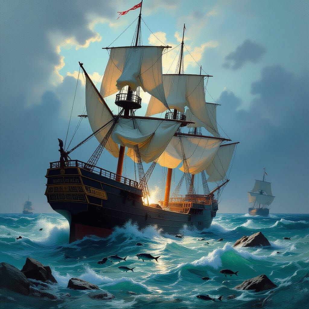 Wrecked Sailing Ship on Rocky Shore in Romantic Style