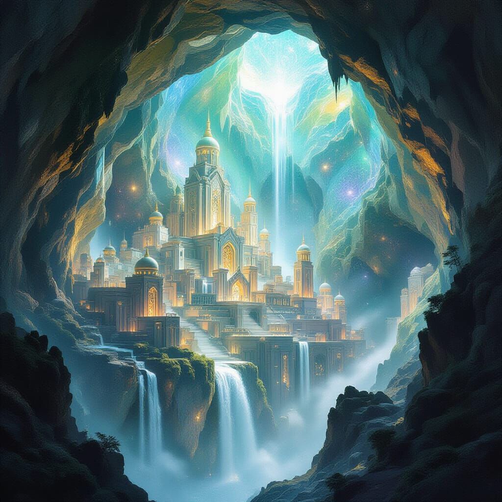 Ancient City in Crystal Geode with Starlight Waterfalls