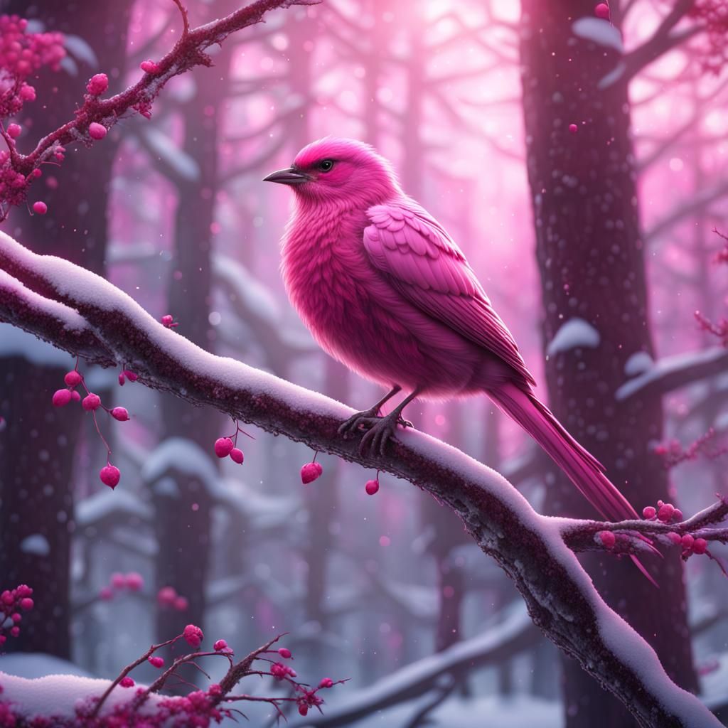 Pink Bird in Snowy Forest, Detailed Matte Painting