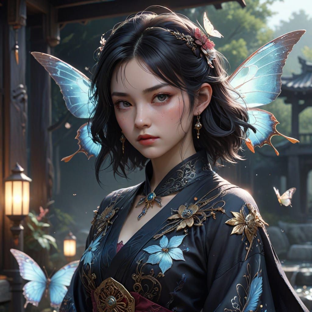 Elegant Cyberpunk Vampire in Victorian and Japanese Attire