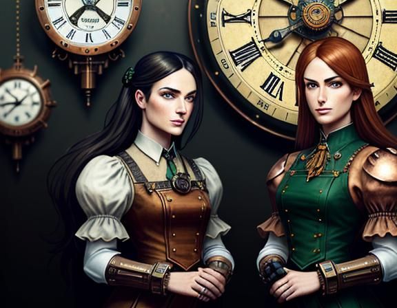 Steampunk Twins in Time Machine: Dark Fantasy Art