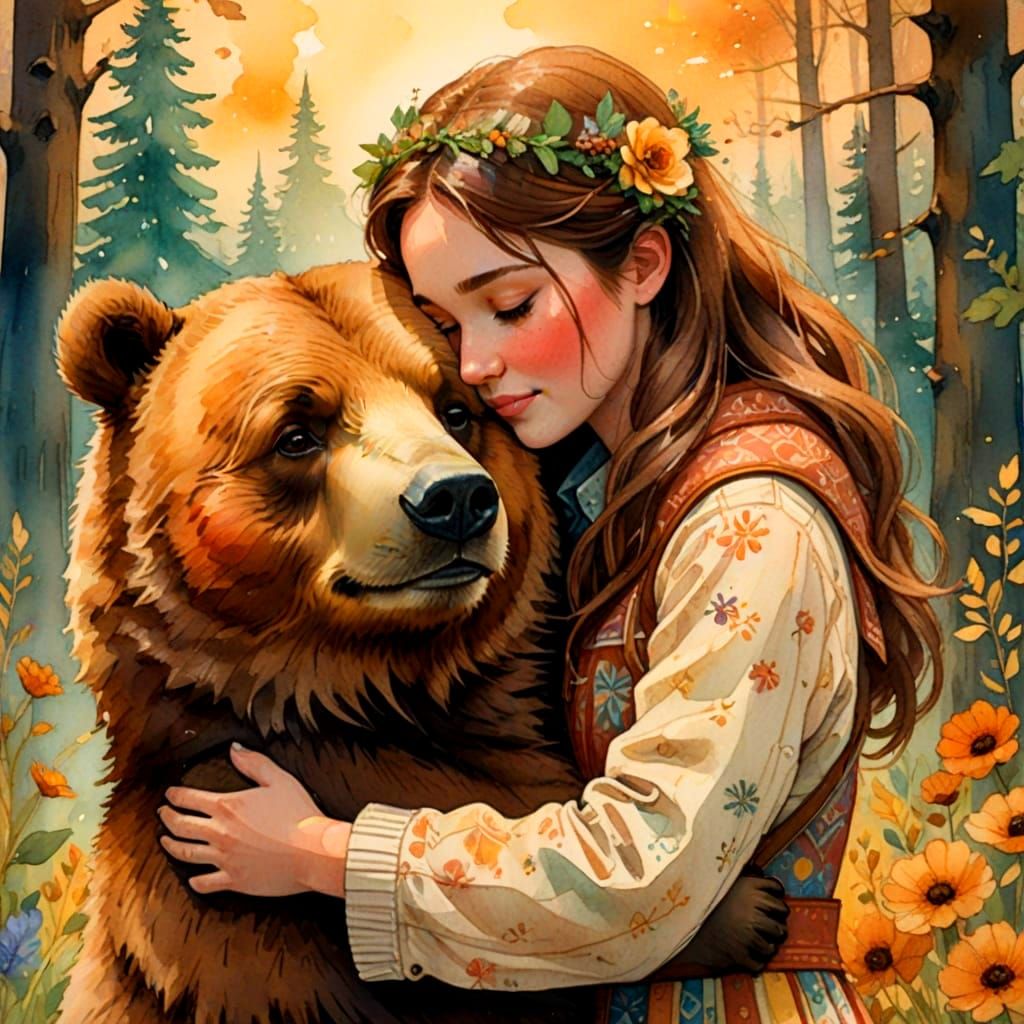 Girl Hugging Bear in Watercolor Storybook Illustration