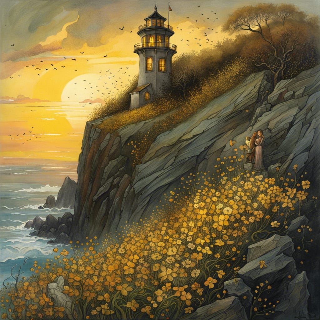 Lighthouse on Flowering Cliff at Sunset