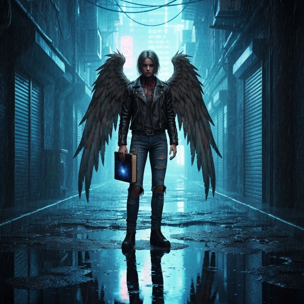 Angel in Punk Wings in Neon Cyberpunk Alleyway