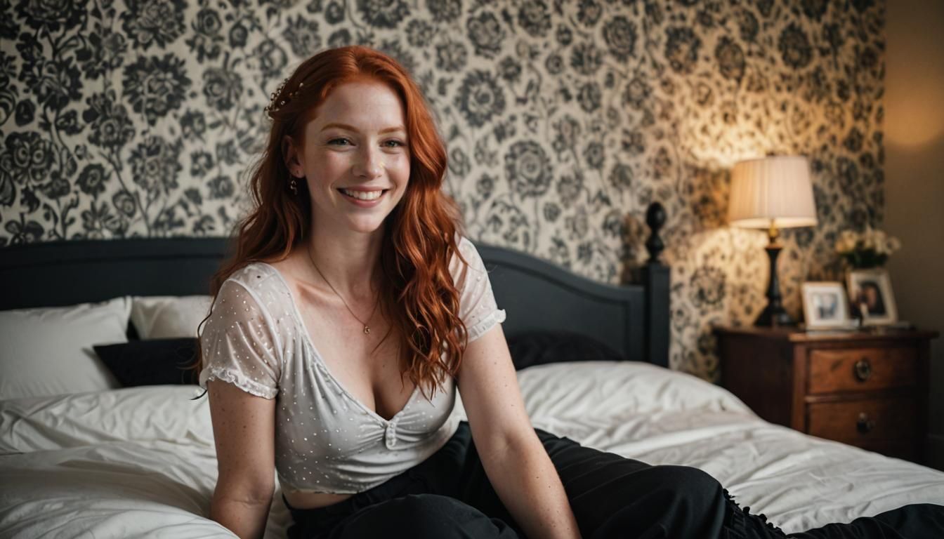 Redhead Smiling in Gothic Bedroom