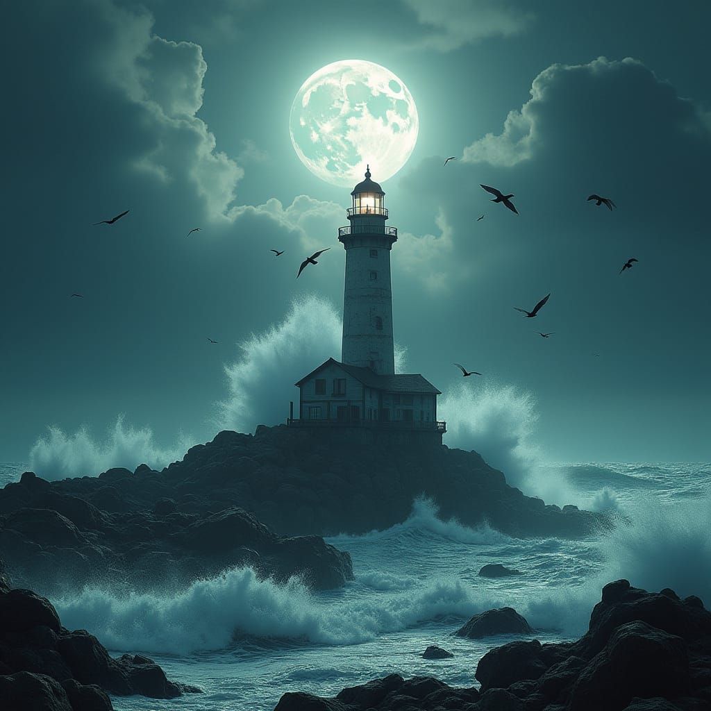 Lighthouse Against Stormy Seas Under Moonlight