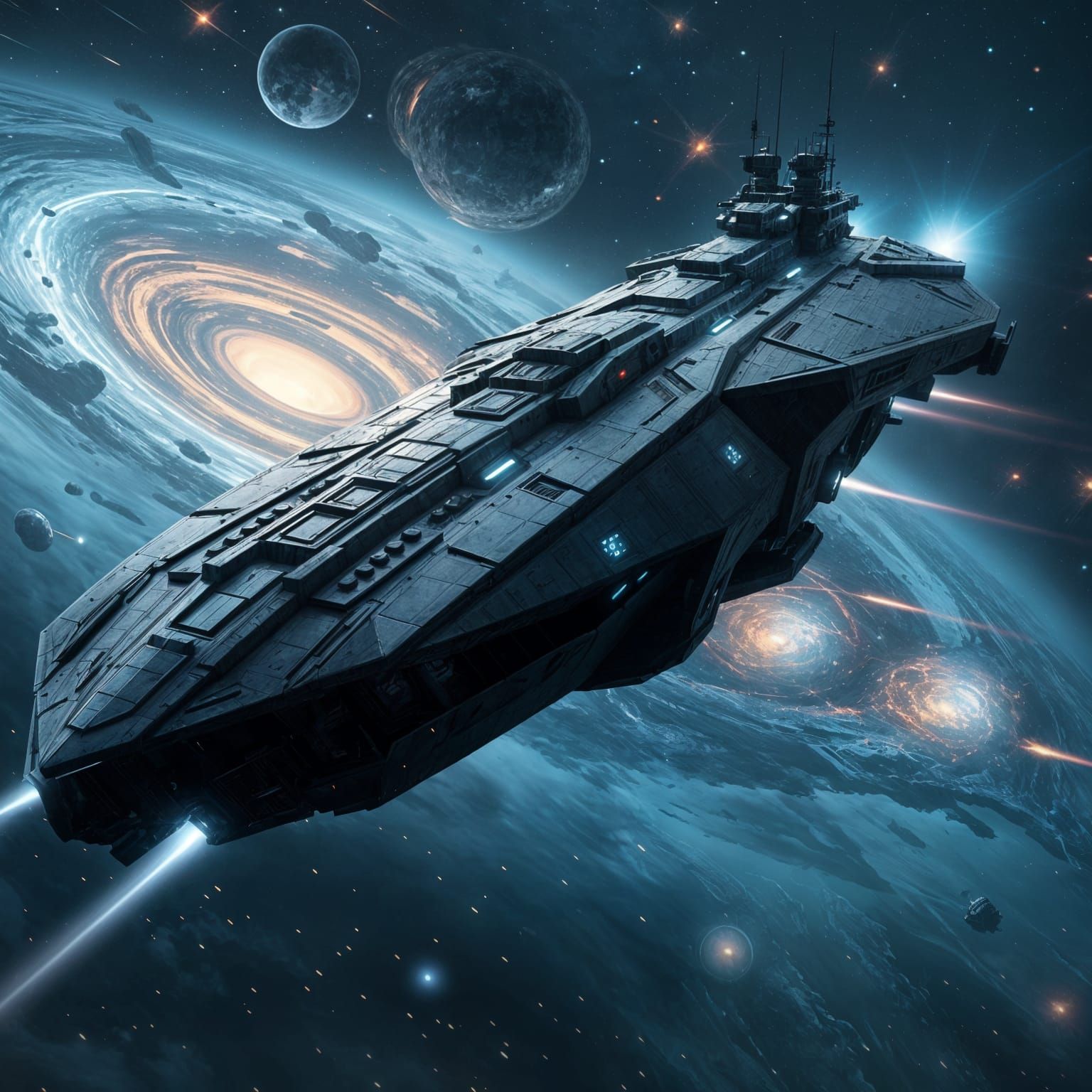 Cyberpunk Warship in a Starry Galaxy