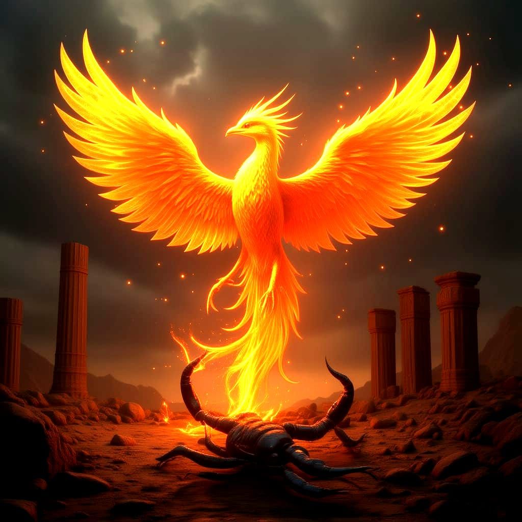 Majestic Phoenix Rises from Temple Ruins in Cosmic Dust