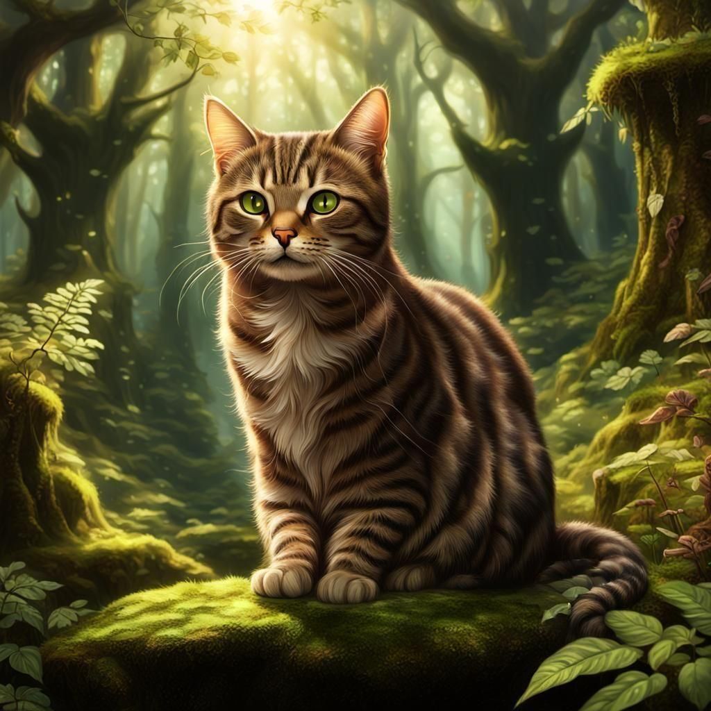 Fantasy Tabby Cat in Mystical Forest