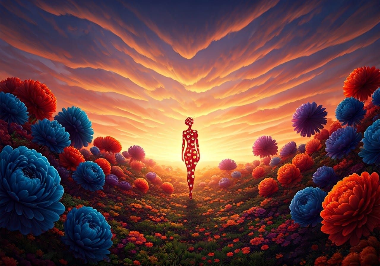 Polka Dot Woman in Surreal Floral Landscape
