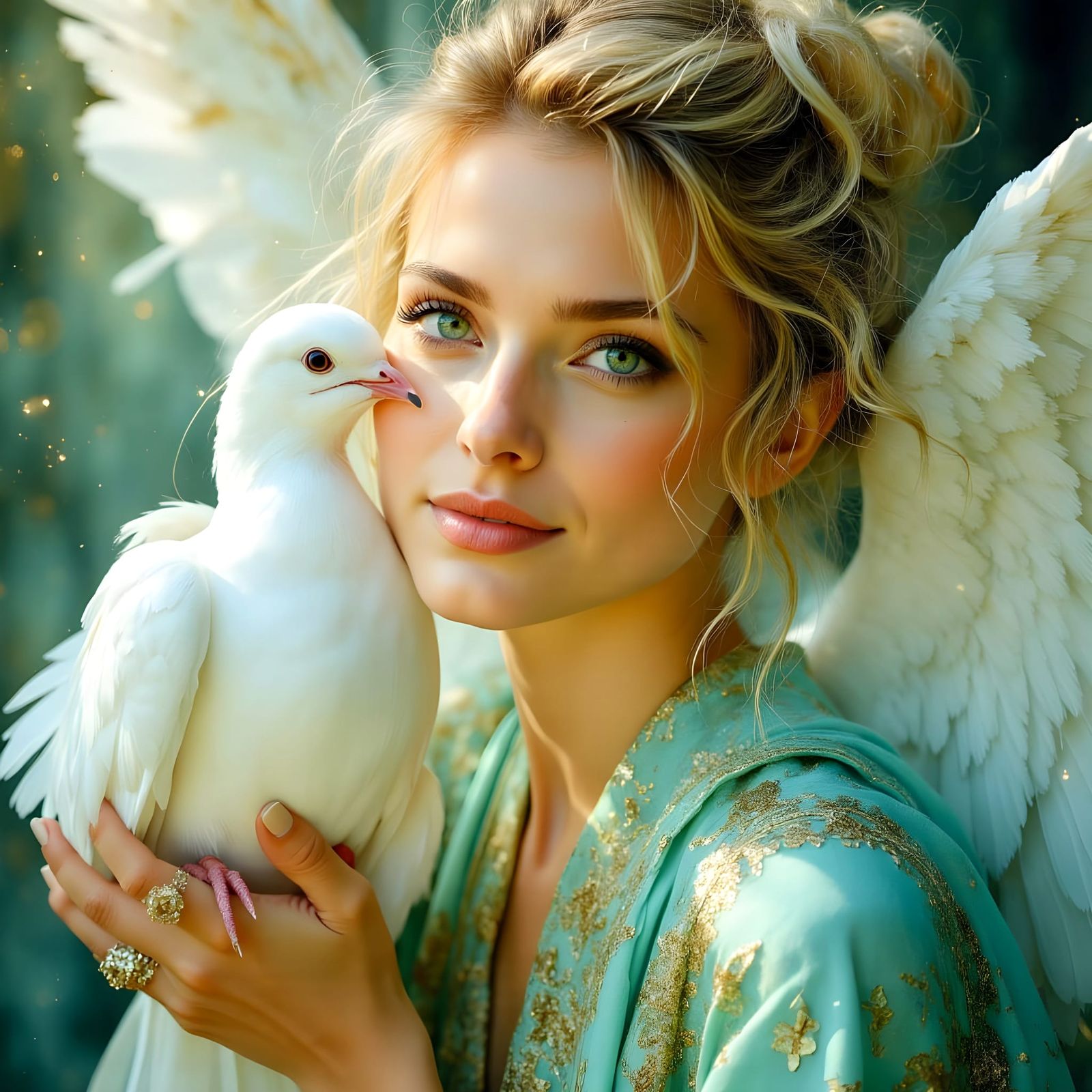 Sensual Angel with Dove in Dreamscape Setting