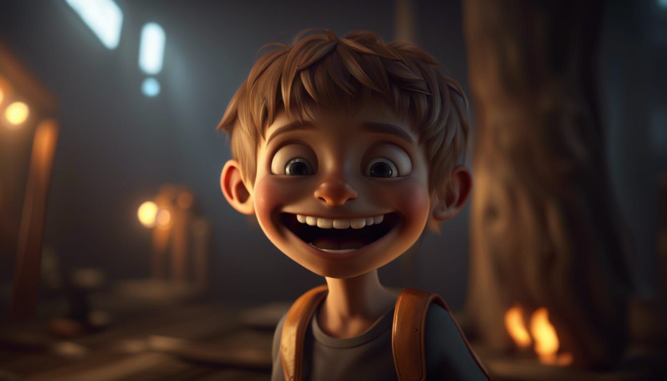 Mischievous Boy's Grin: 3D Game Cinematic Masterpiece