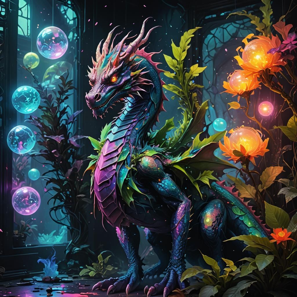 Iridescent Dragon in Bioluminescent Grotto: Digital Art