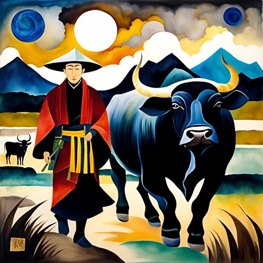 Thai Water Buffalo and Monk in Sumi-e Style