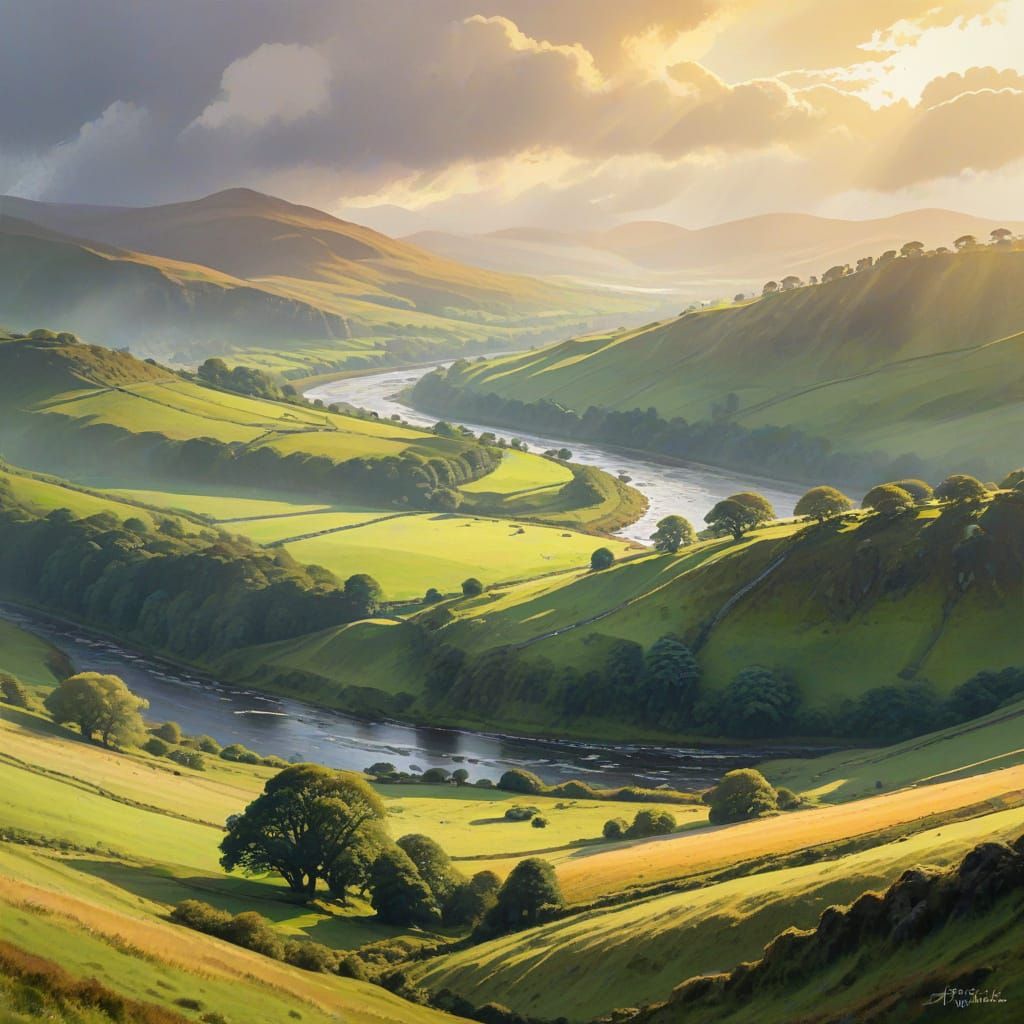 Romantic Scottish Landscape in Low-Poly Watercolor Style