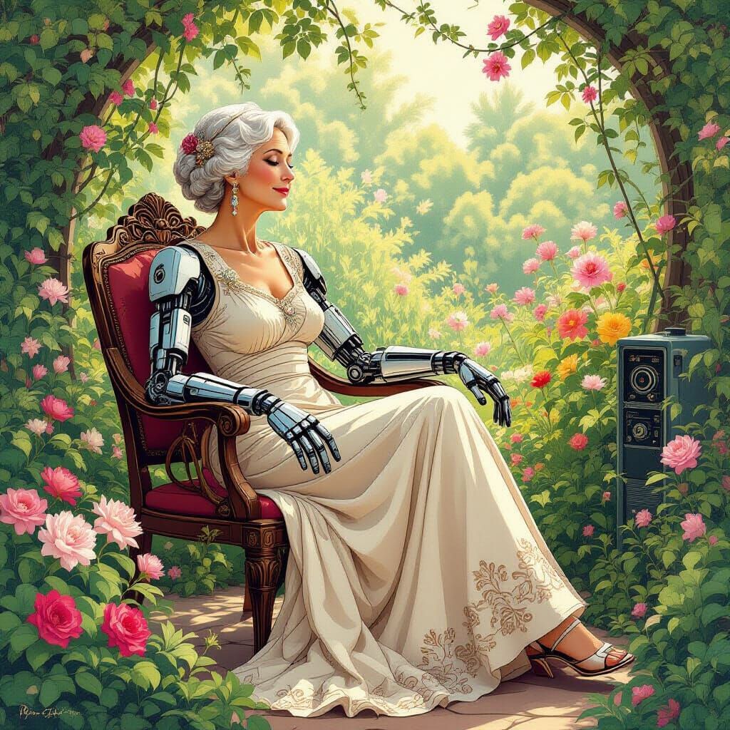 Art Deco Woman in Overgrown Cyberpunk Garden