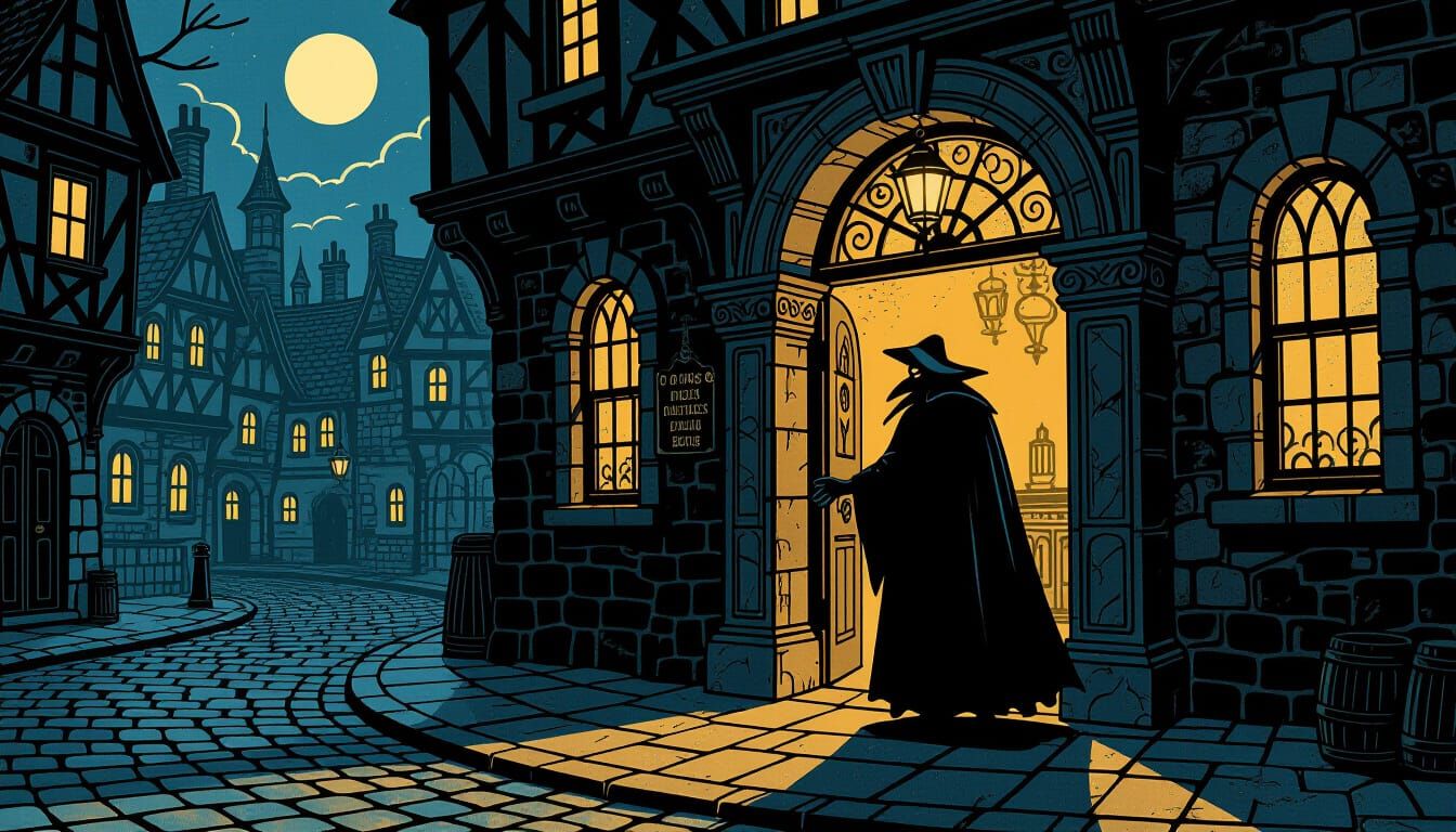 Vampire at Tavern Entrance in Vintage Carnival Poster Style