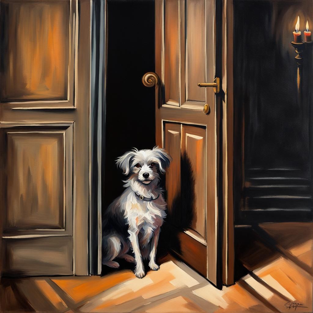 Dog in Dark Room: an Impressionist Gouache Painting