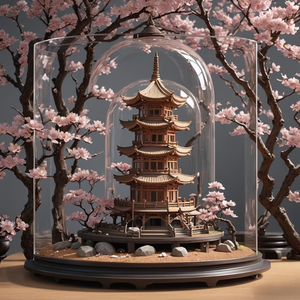 Chinese Cork Diorama: Pagoda and Cherry Blossoms