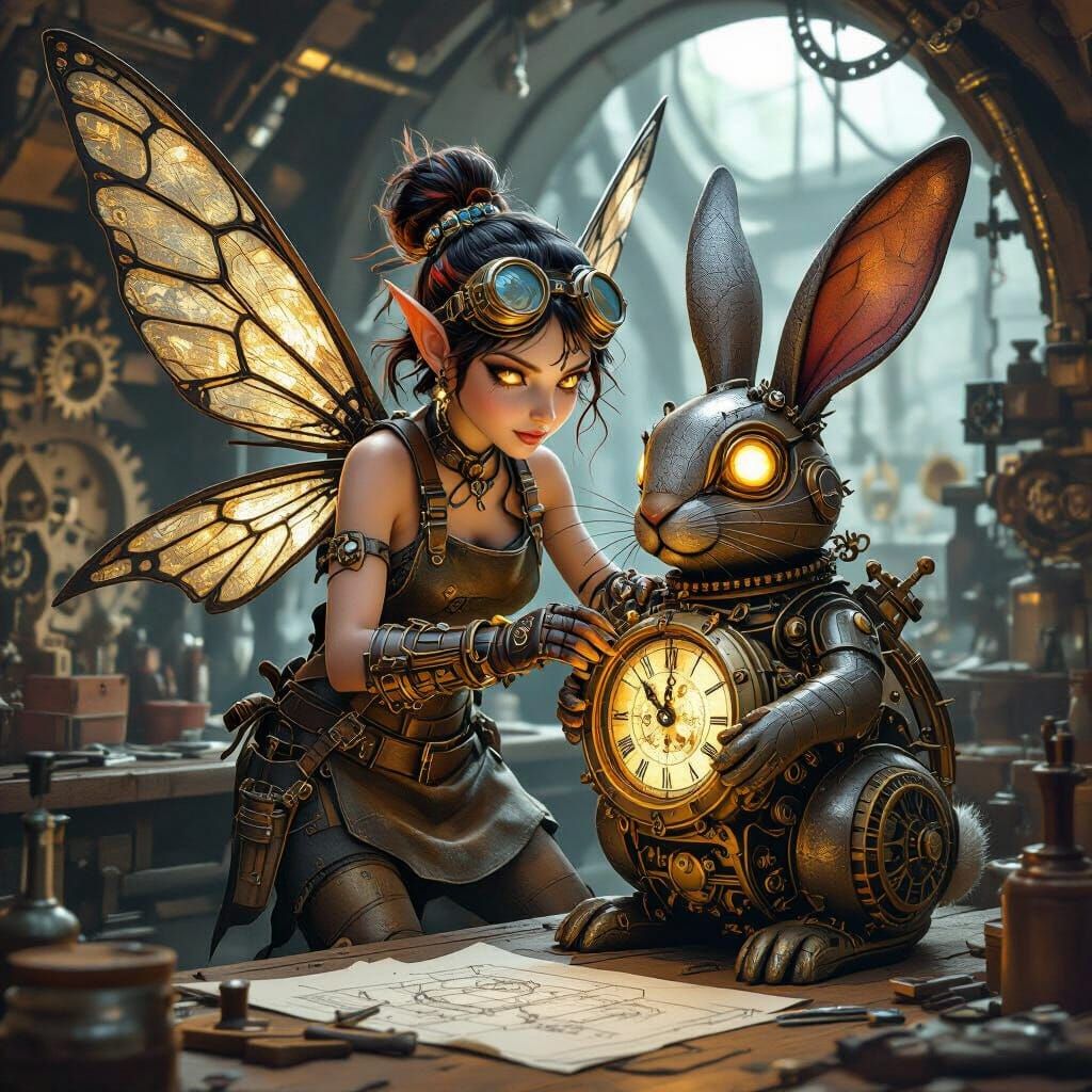 Steampunk Fairy Creates Clockwork Rabbit in Workshop