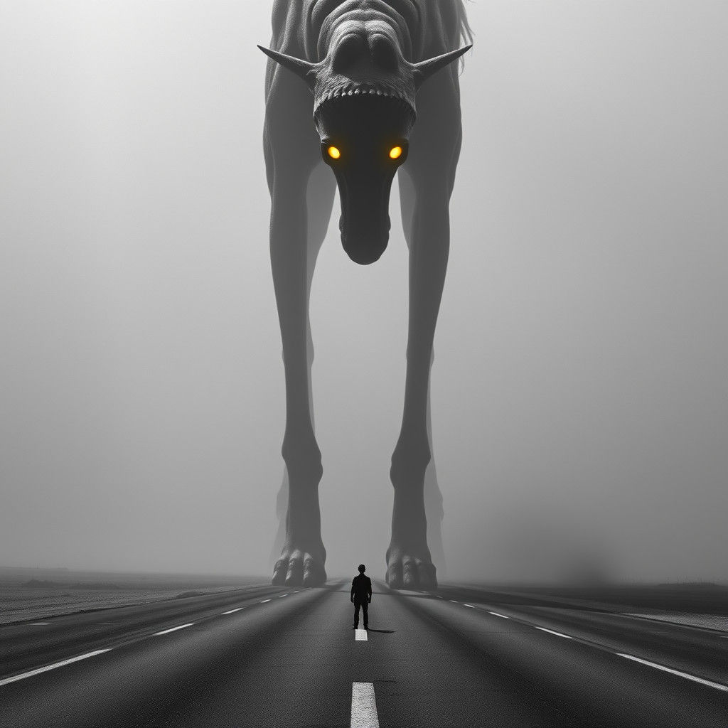 Colossal Saluki Dominates Deserted Highway in Dark Fantasy S...