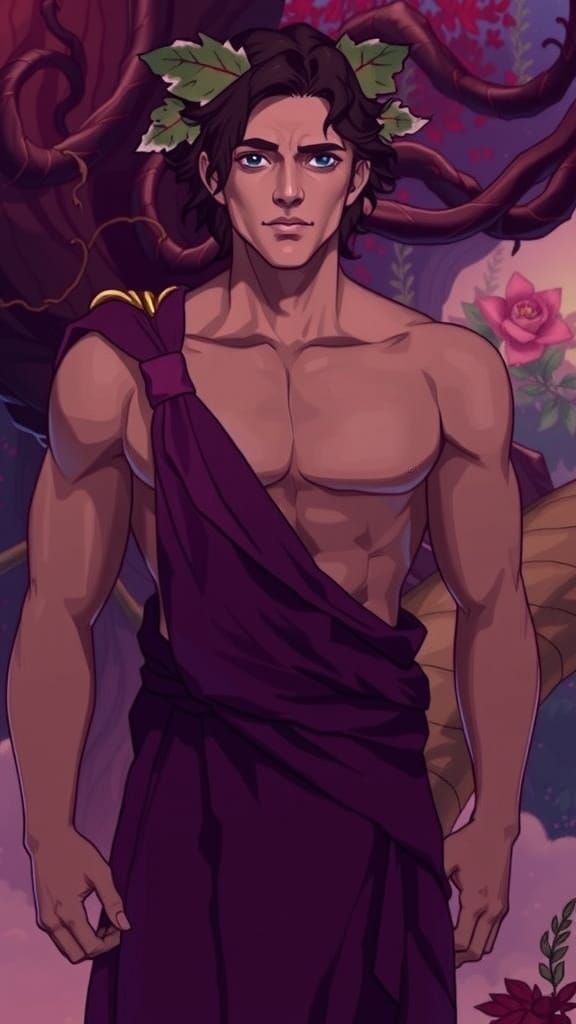 Greek God Dionysus in Vibrant Forest Landscape
